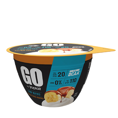 יוגורט GO במרקם סמיך בטעם בננה קרמל 20 גרם חלבון 0% שומן